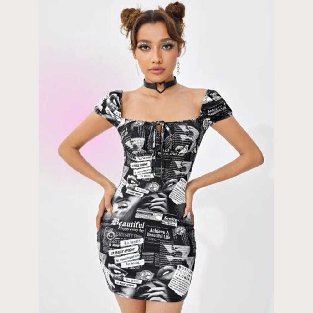 super cute news print mini XS bodycon dress nwot